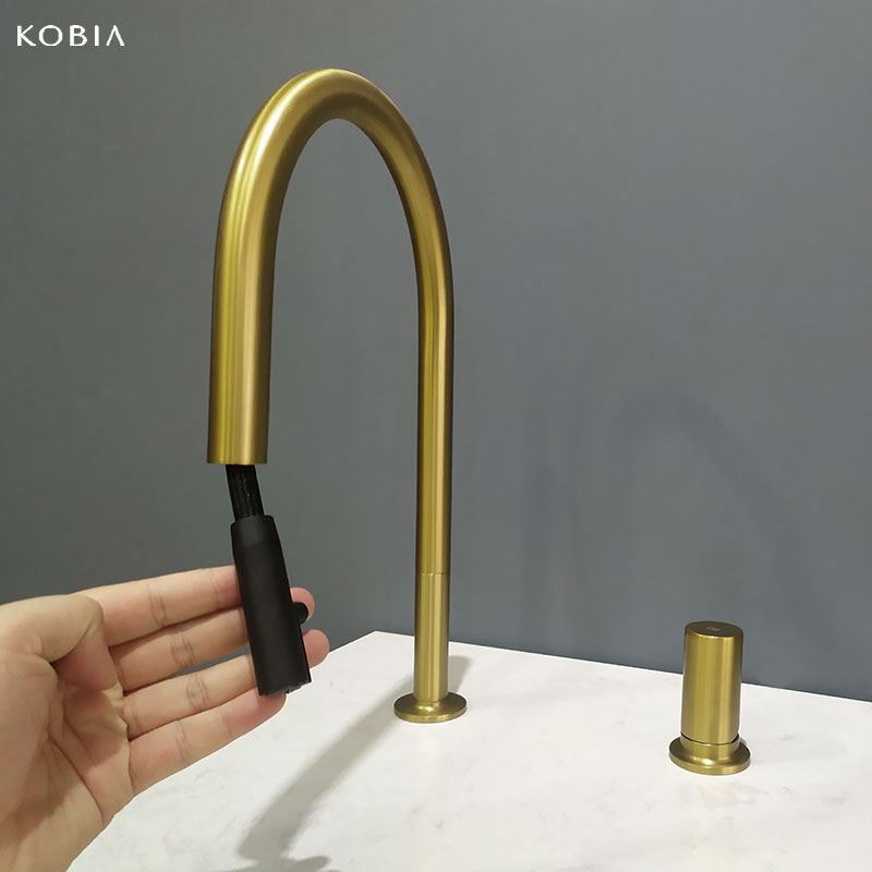 Brush Gold Pull Down Kitchen Mixer Hidden Sink Double Hole Cupc Commercial Brass
